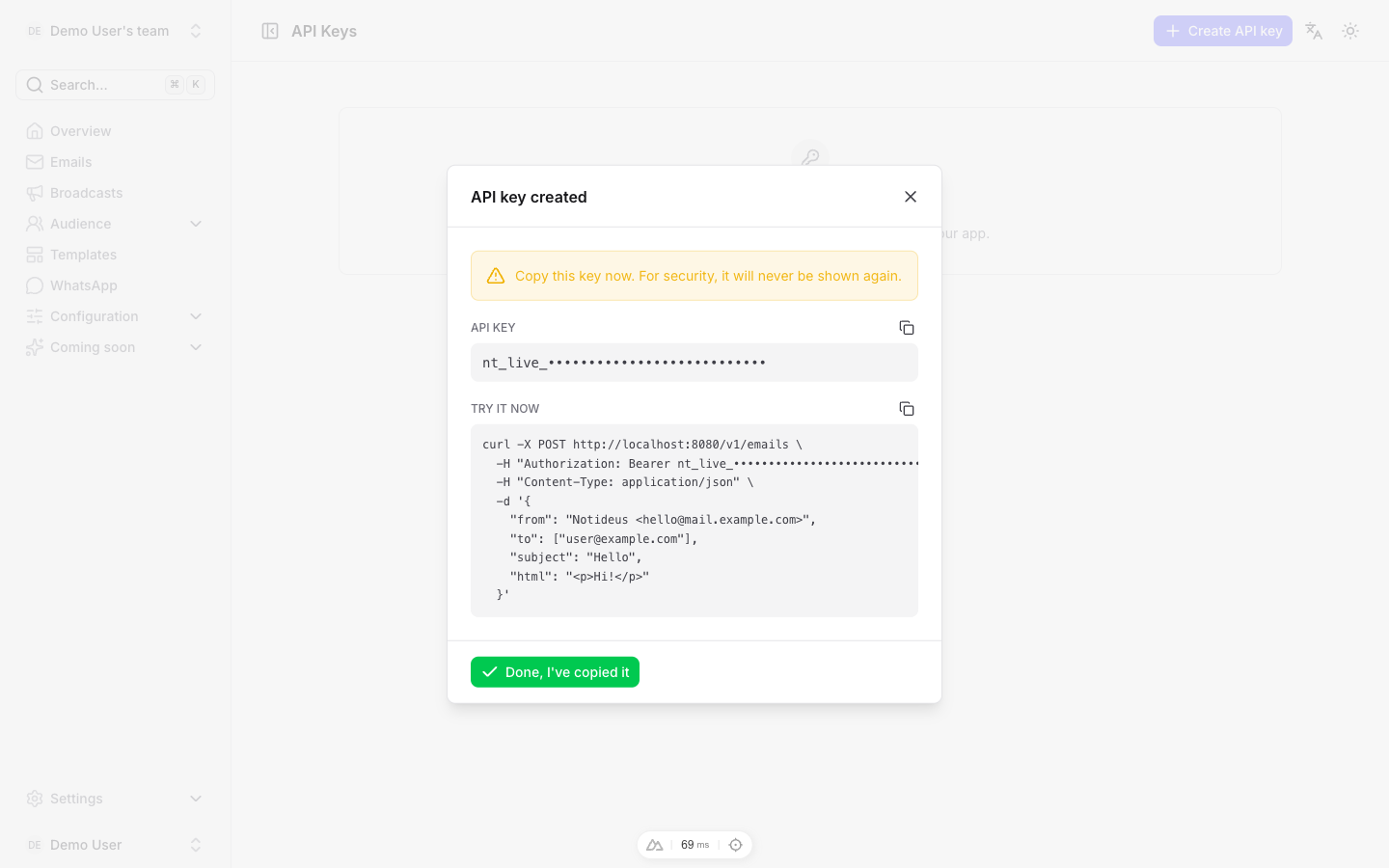 Creating an API key in the Notideus dashboard — the secret is revealed once, then only a prefix is shown